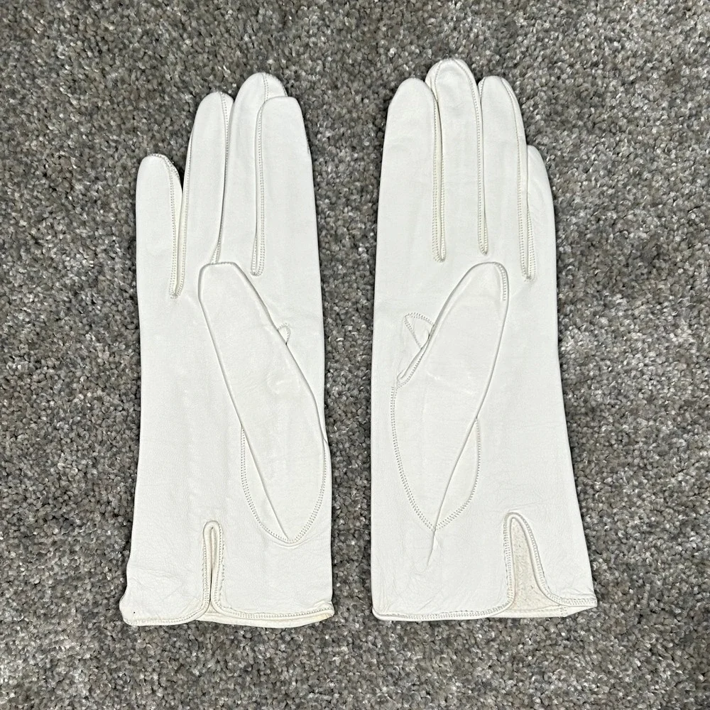 Vintage White Leather Dress Gloves Mid Length Decorative‎ Stitching Size 7.75